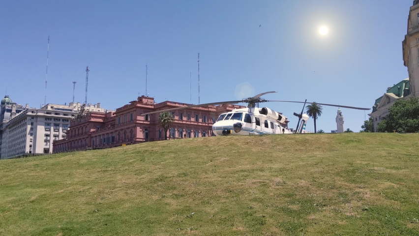 Presidential Helicopter of Argentina at Helipad near the Casa Rosada Presidential Palace, Buenos Aires, Argentina. Zoom In. 4K Resolution.
