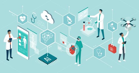 Doctors and researchers using innovative technologies for medicine and healthcare: artificial intelligence, virtual reality, drones, stem cells and digital organs