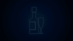 Glowing neon line Champagne bottle and glass of champagne icon isolated on black background. Merry Christmas and Happy New Year. 4K Video motion graphic animation.