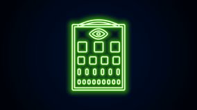 Glowing neon line Eye test chart icon isolated on black background. Poster for vision testing in ophthalmic study. Snellen chart. 4K Video motion graphic animation. - Powered by Shutterstock - Get 15% off with code: PIKWIZARD15