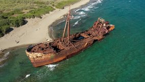 Aerial drone video of famous shipwreck of Dimitrios abandoned in Selinitsa bay near Gythio
 village, Peloponnese, Greece
