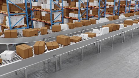 Warehouse with cardboard boxes inside on pallets racks, logistic center. Huge, large modern warehouse. Cardboard boxes on a conveyor belt in a warehouse, loopable seamless. 4K 3D animation.