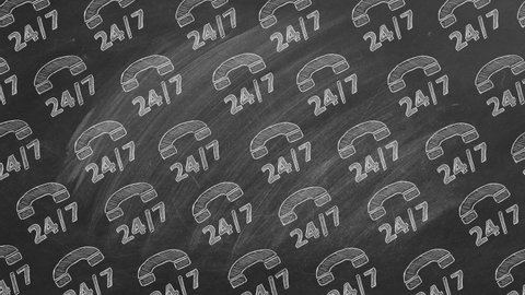 Pattern from phone icons with lettering 24 7 drawn in chalk on a blackboard. Contact center, call center, service center, info center, customer support. 24-hour hotline. Seamless loop video.