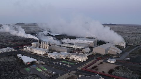 Geothermal Power Plant, Iceland. Steam rising above the buildings. Aerial view of a steamy air near Blue Lagoon Spa. High quality 4k footage