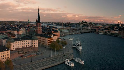 Amazing aerial drone footage of Stockholm City at a beautiful sunset.