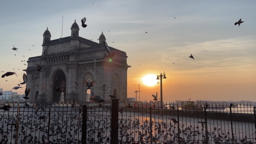 Pigeons flying near Gateway of India Mumbai Maharashtra during sunrise Royalty-Free Stock Footage #1063542388