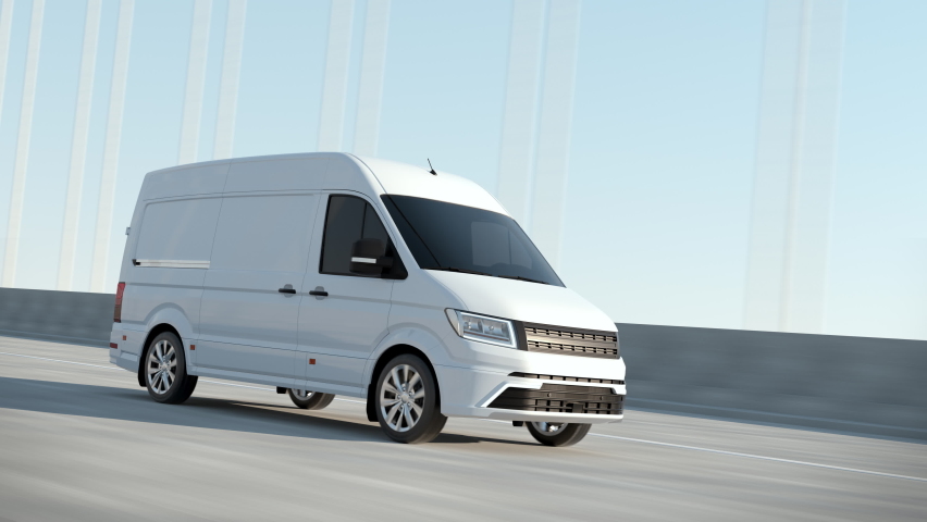 Modern White Delivery Van Driving Through on Bridge. Postal Auto Delivery Product Service. Concept Cargo and Supply. New E-commerce Deliver. Fast Electric Carrier Van Driving on Highway Side View Shot Royalty-Free Stock Footage #1063543621