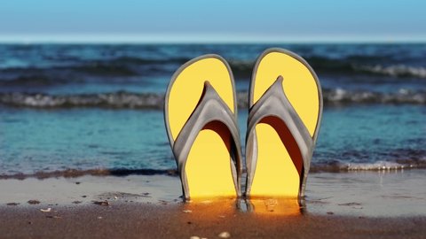 Yellow and grey flip-flops stand in wet sand against sea