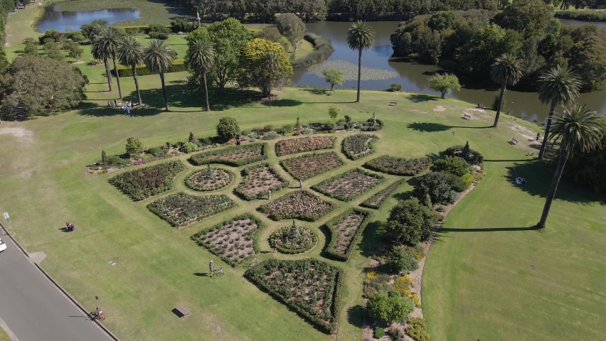Rose Garden On The Banks Of Busbys Pond In Summer - Centennial Park, New South Wales, Australia. - aerial