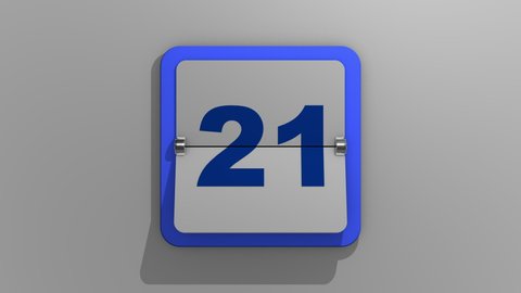 Stylish animated 3D rendering of a flipping calendar with a stop at the twenty-first day. 3d illustration of 21 days of the week or holiday and events. Animation of the number twenty one.
