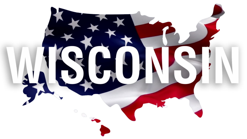 Wisconsin state text with USA map flag video waving in wind. Waving Flag United States Of America. USA flag for Independence Day, 4th of july US American Flag Waving 1080p Full HD footage. Wisconsin U
