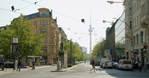 Berlin , Berlin , Germany - 05 03 2020: Time Lapse of Busy Intersection in Berlin on Beautiful Spring Day