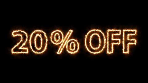 -20 % off sale on fire loop animation. Discount and special offer flame video 4K