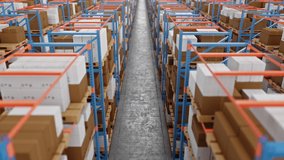 Warehouse with cardboard boxes inside on pallets racks, logistic center. Huge, large modern warehouse. Warehouse filled with cardboard boxes on shelves. Loopable seamless 4K 3D animation - Powered by Shutterstock - Get 15% off with code: PIKWIZARD15