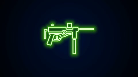 Glowing neon line Submachine gun M3, Grease gun icon isolated on black background. 4K Video motion graphic animation.