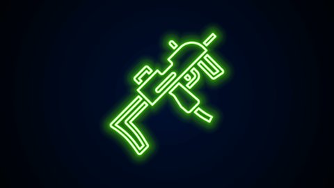 Glowing neon line MP9 submachine gun icon isolated on black background. Automatic weapon. 4K Video motion graphic animation.