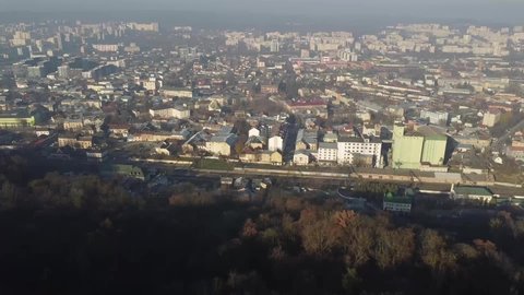 Aerial view of a drone flying over the city.