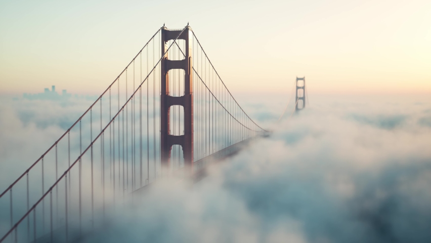 Golden Gate Bridge Covered in Fog. Golden Gate Bridge in misty weather. Golden Gate covered by fog. 3d visualization Royalty-Free Stock Footage #1063583347