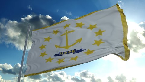 Flag of Rhode Island waving in the wind against deep beautiful clouds sky