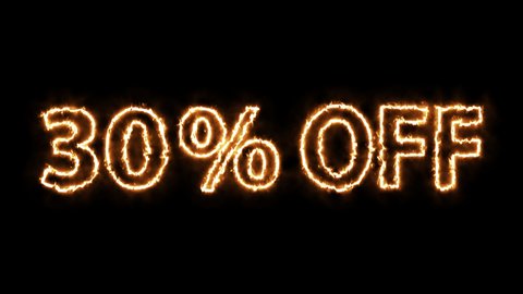 30 % off sale on fire loop animation. Discount and special offer flame video 4K
