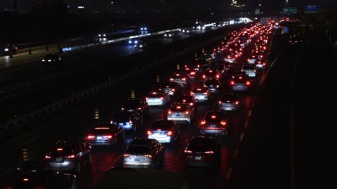 Toronto, Ontario, Canada December 2020 Epic rush hour traffic jam on highway at night near Toronto 