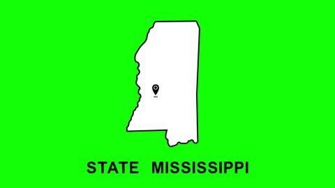 Mississippi State of USA with pointer in capital city Jackson. Animated close up map of Mississippi highlighted from map of USA. Zoom showing of state for social information, news. 4K. Alpha channel.