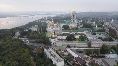 KYIV, UKRAINE - SEPTEMBER 23, 2020. Kyiv-Pechersk Lavra. Kiev. Slow motion aerial