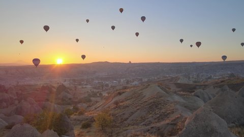 Cappadocia, Turkey : Balloons in the sky. Aerial view