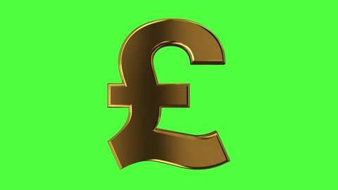 3D animation seamless loop of a golden pound of sterling symbol rotates isolated on a green chroma key. 4K resolution