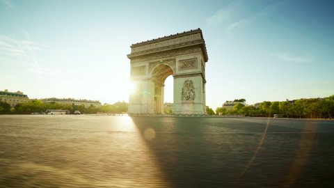 hyper lapse Triumphal Arch at sunrise, Paris, France