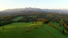 Drone aerial landscape of green meadows over Tatras mountains