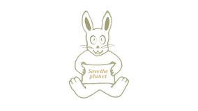 Cute white rabbit holding a banner with save the planet text drawing looped animation