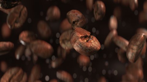Roasted coffee beans jumping and falling down in super slow motion in 4K