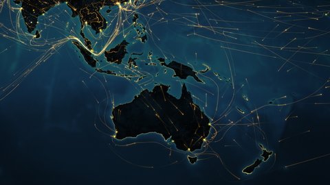 Oceania and Asian map with bright connections and city lights. Aerial, maritime, ground routes and country borders. This video can be used to represent concepts like technology, social networks.