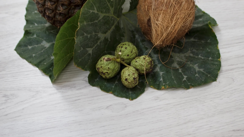 Close up view of fresh ripe fruits on table.