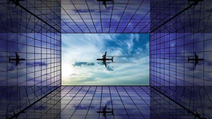 Silhouette of jet in cloudy sky reflected by glass buildings | Shutterstock HD Video #1063608418