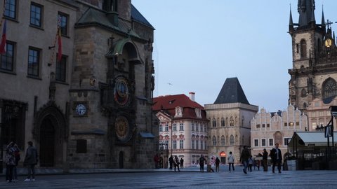 Prague , Czech Republic - 10 10 2020: Old Town Without Tourist During Covid-19 Virus Pandemic, People on Square by Astronomical Clock, Slow Motion