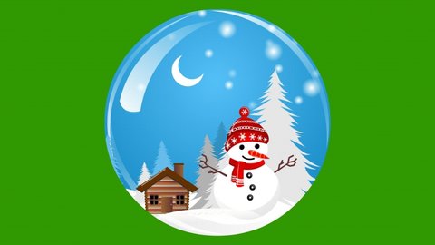 Snow globe animation. winter snow globe with animated trees, wooden house, snowman, half moon, and blue sky. Snow globe on green screen background. Winter animation.
