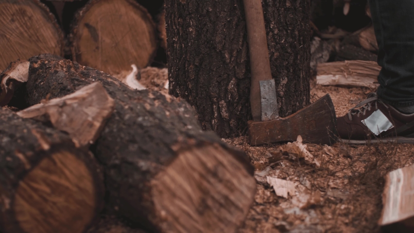 Man in red checker shirt takes a big log to start chop. Old rusty ax can not manage this work. Royalty-Free Stock Footage #1063615486