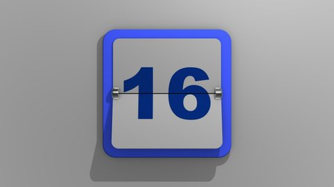 Stylish animated 3D rendering of a flipping calendar with a stop at the sixteenth day. 3d illustration of the 16th day of the week or holiday and events. Animation of the number sixteen.