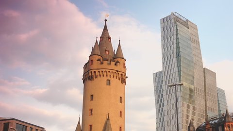 FRANKFURT, GERMANY - circa 2019: Frankfurt Old City, Eschenheimer Turm (Eschenheim Tower) was a city gate, part of the late-medieval fortifications of Frankfurt am Main,and is a landmark of the city.