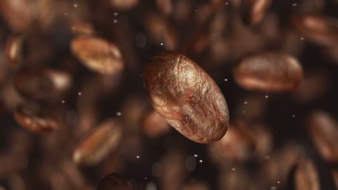 Roasted coffee beans jumping in super slow motion in 4K
