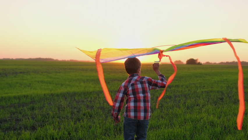 Happy little boy child playing with flying rainbow kite running through green wheat field meadow on summer sunset nature. Back view. Childhood, lifestyle dream, freedom, happy family concept, 4 K slow Royalty-Free Stock Footage #1063628035