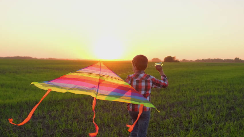 Happy little boy child playing with flying rainbow kite running through green wheat field meadow on summer sunset nature. Back view. Childhood, lifestyle dream, freedom, happy family concept, 4 K slow | Shutterstock HD Video #1063628035