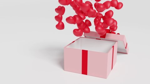 Red hearts fly out of a pink gift box with a red bow. 3d animation.