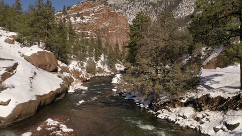 High Definition aerial video flying over cold and snowy south Platte River in Colorado, USA.