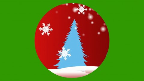 Snow globe animation with concept of animated snowfall, tree, and red sky. Snow globe on green screen background. Winter animation