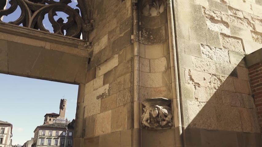 Arches and arch on Cathedral Basilica of Saint Cecilia (Albi Cathedral) is most important Catholic building in Albi, France and is seat of Roman Catholic Archbishop of Albi. Timelapse.