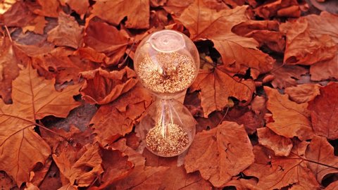 Paillettes flowing in hourglass standing on fallen leaves