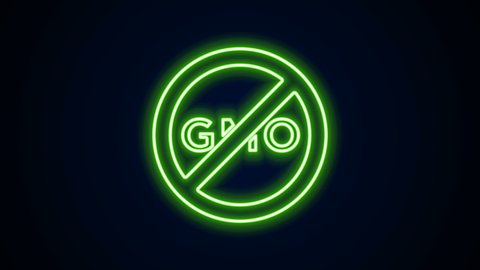Glowing neon line No GMO icon isolated on black background. Genetically modified organism acronym. Dna food modification. 4K Video motion graphic animation.